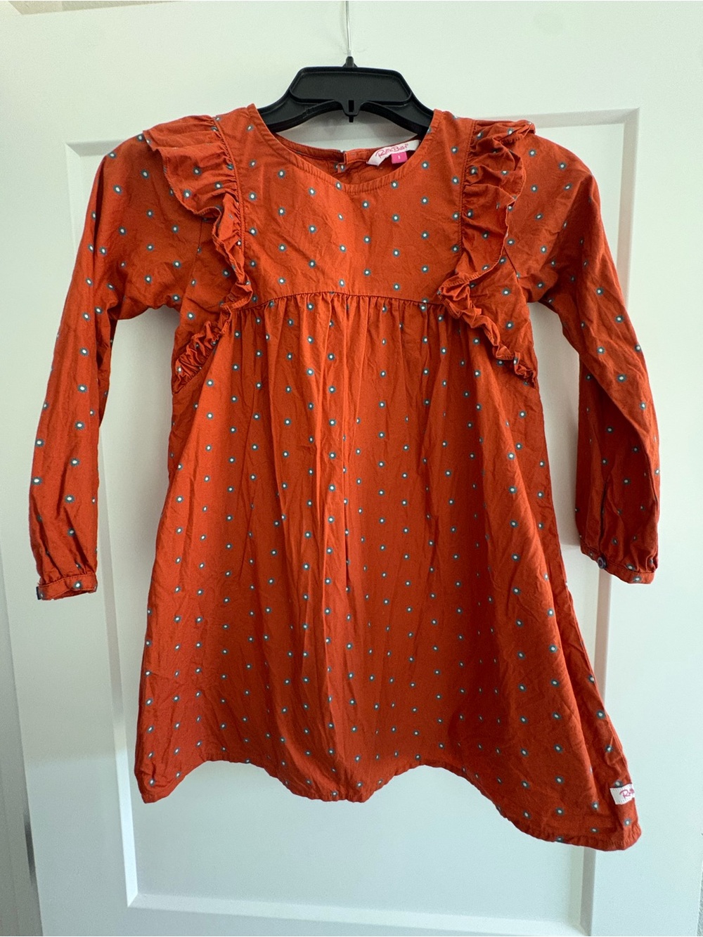 Ruffle Butts Rust Orange Long-Sleeve Dress with Blue Dot Print